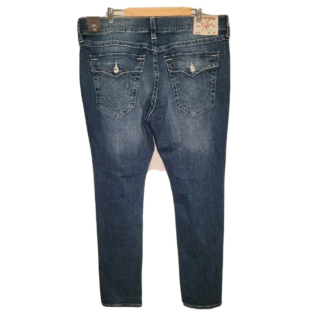 True Religion Men's Blue Rocco Dark Wash Relaxed Skinny Flap Jeans Size 40x33
